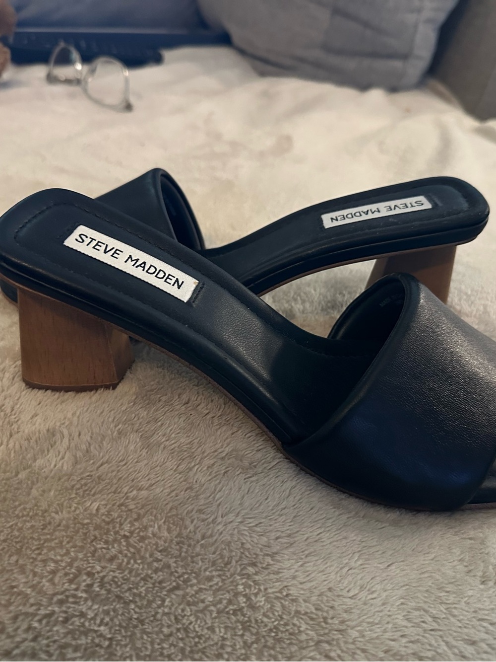 Steve Madden Black Leather Block Heel Mules with Wood-Tone Heel